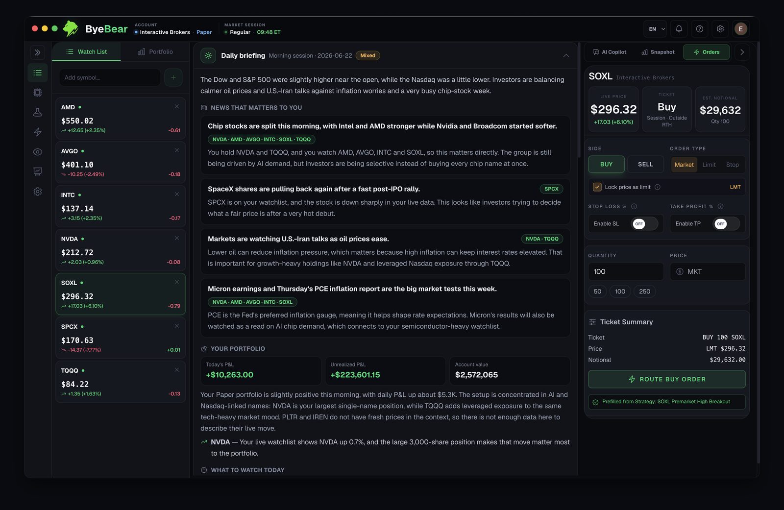 ByeBear morning briefing: market news mapped to the user's positions and watchlist with plain-language explanations