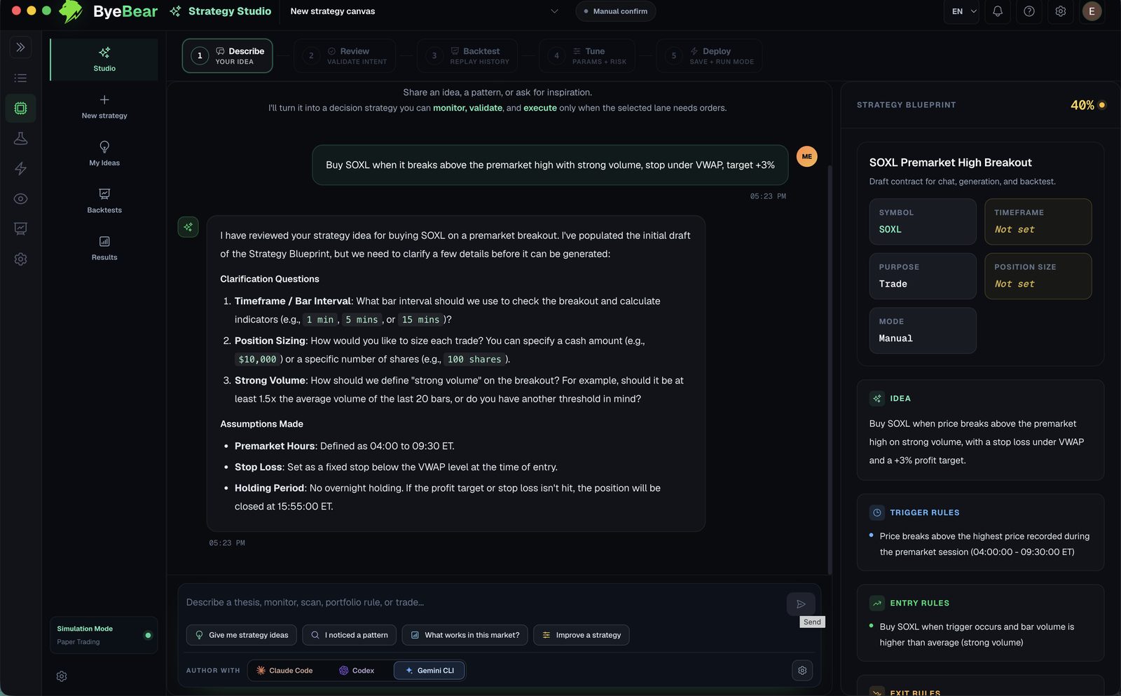 ByeBear Strategy Studio: a user describes a SOXL breakout strategy and the AI returns clarification questions, assumptions and a structured blueprint